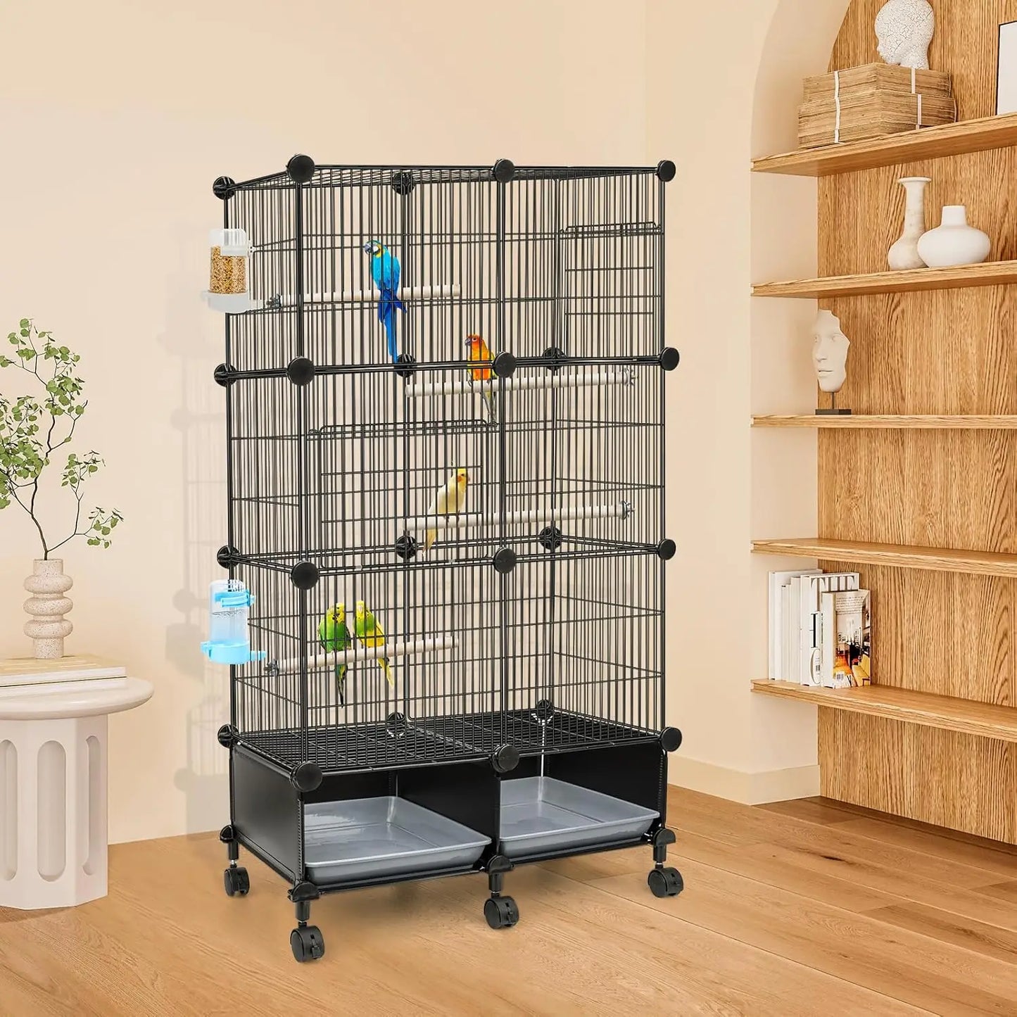 Spacious Bird Cage With Wooden Perches Water Bottle And Feeder