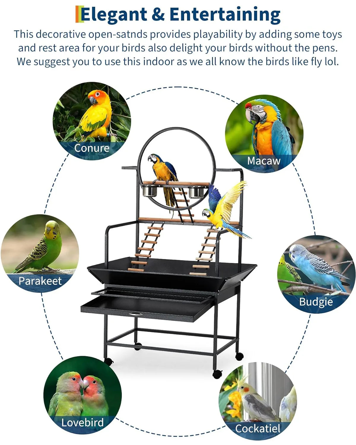 HiMISSCN Parrot Play Stand With Lockable Wheels Heavy Duty Metal