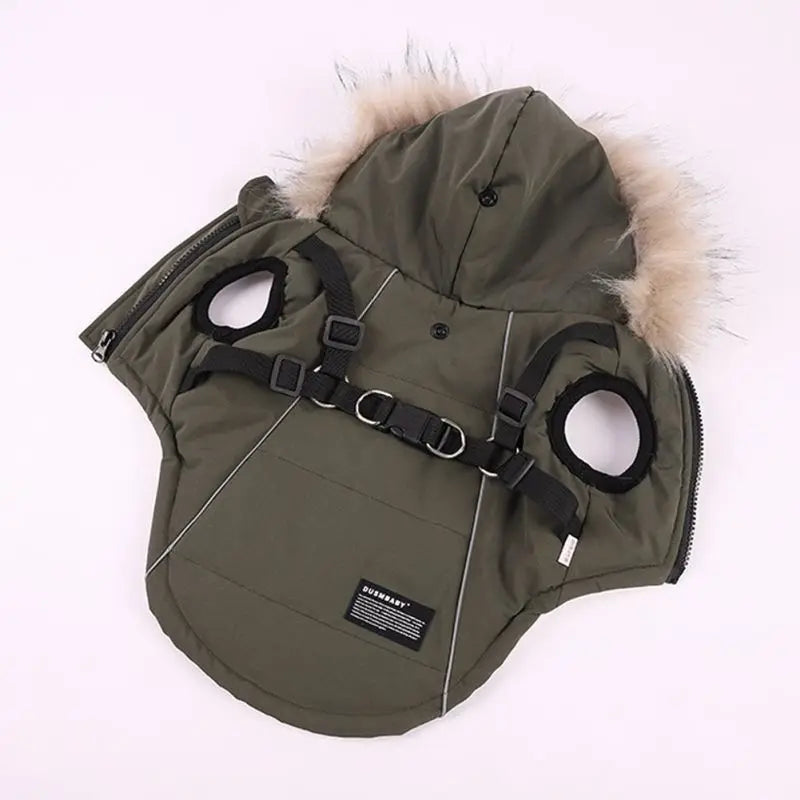 Autumn Winter Dog Jacket With Harness Hooded Padded Coat