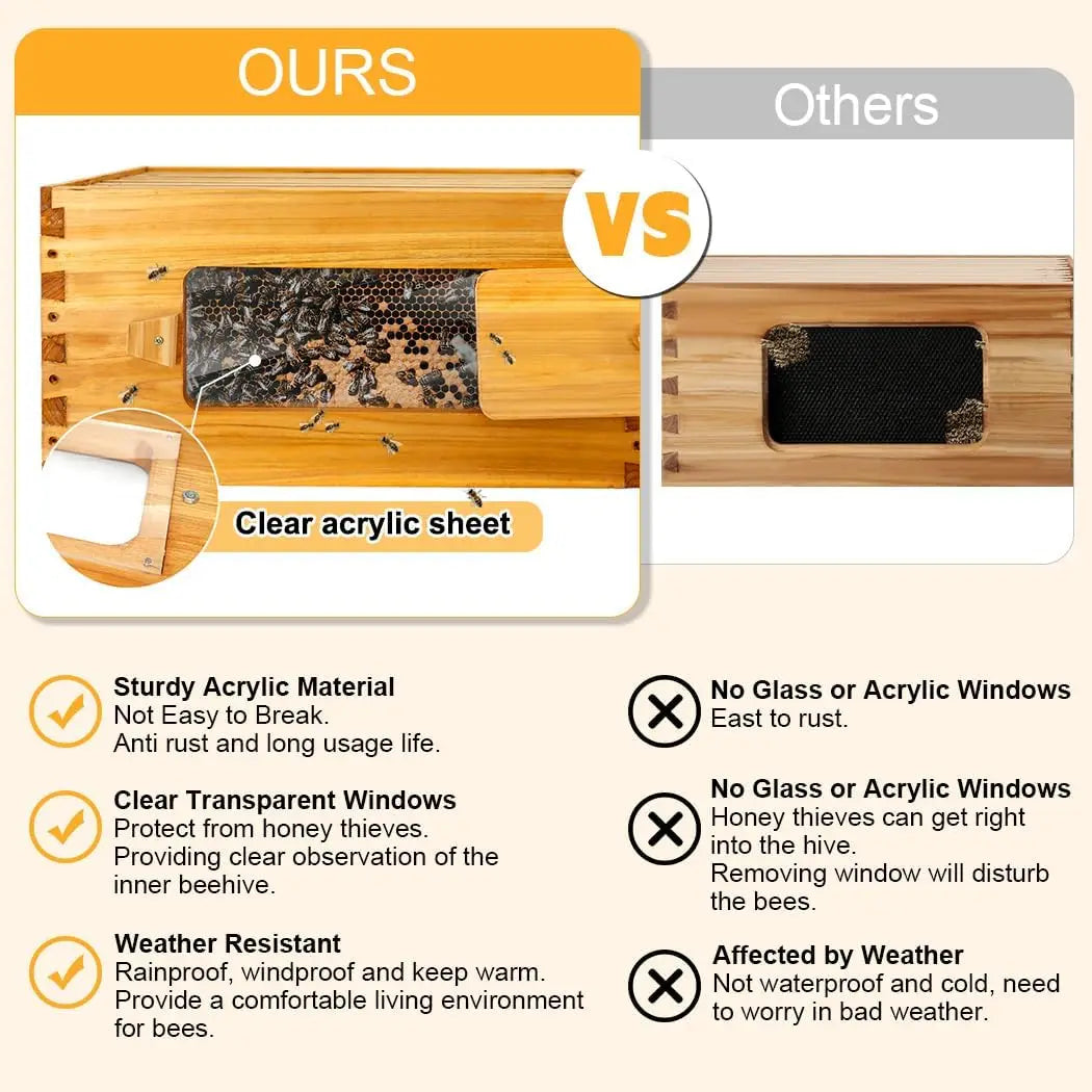 Deep Beehive Box With Window Langstroth, Natural Beeswax