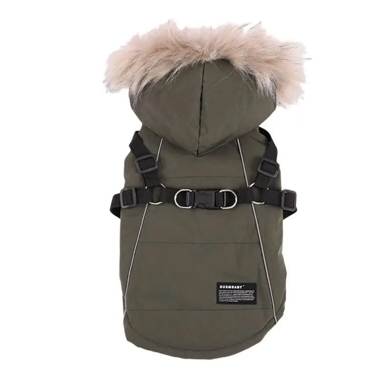 Autumn Winter Dog Jacket With Harness Hooded Padded Coat