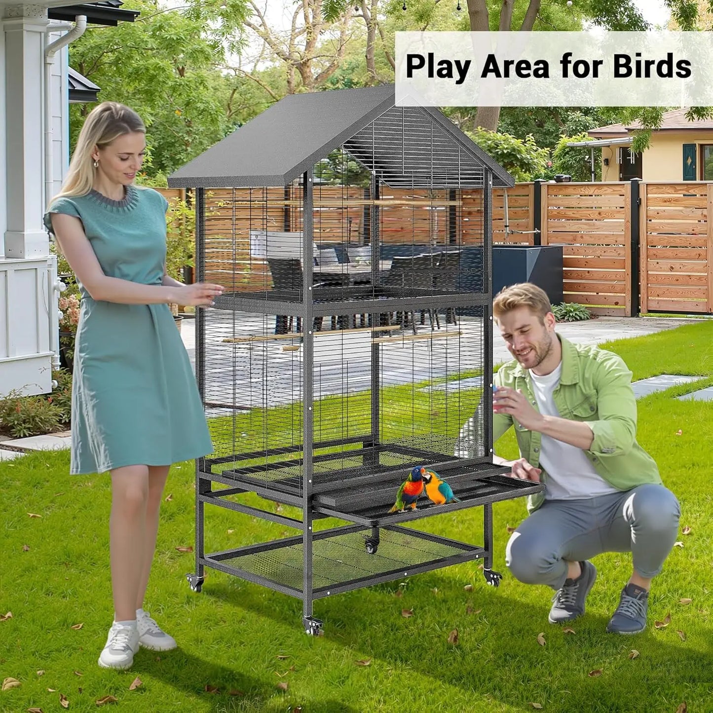 HiMISSCN Stainless Steel Parrot Cage Aviary With Casters Removable Tray