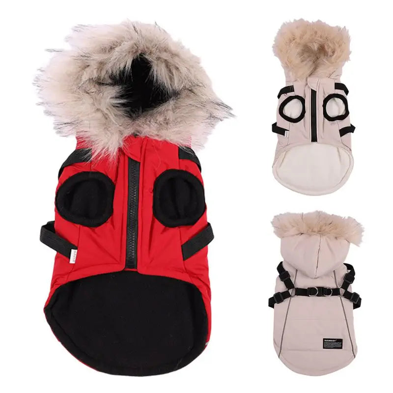 Autumn Winter Dog Jacket With Harness Hooded Padded Coat