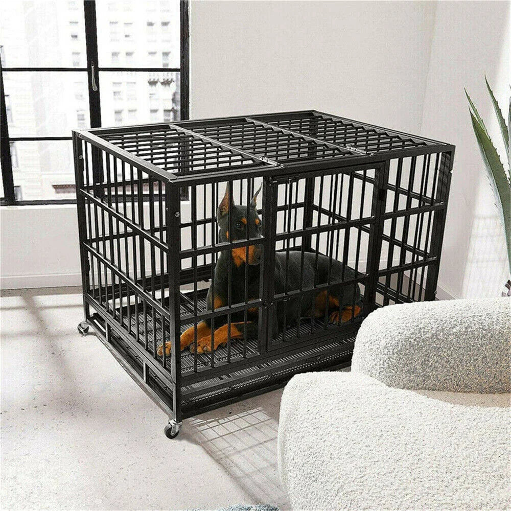 BORWARTH Heavy Duty Dog Crate Tear-Resistant Metal Kennel Lockable Wheels