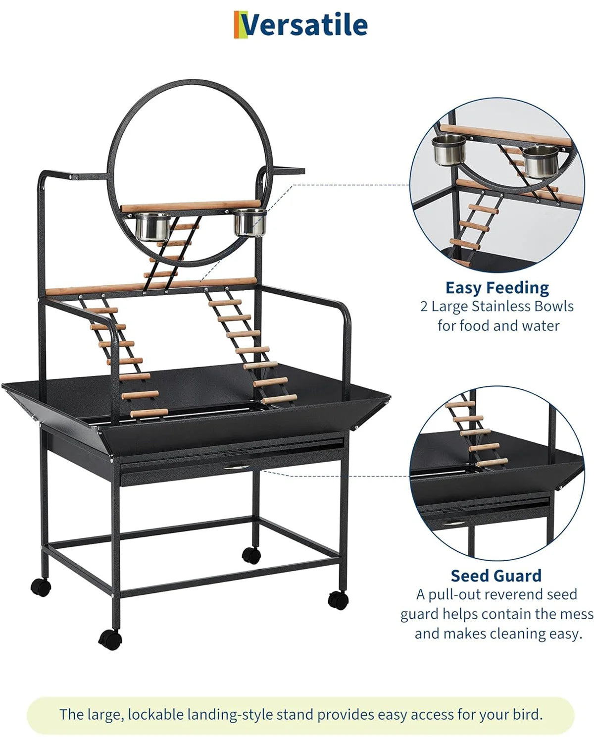 HiMISSCN Parrot Play Stand With Lockable Wheels Heavy Duty Metal