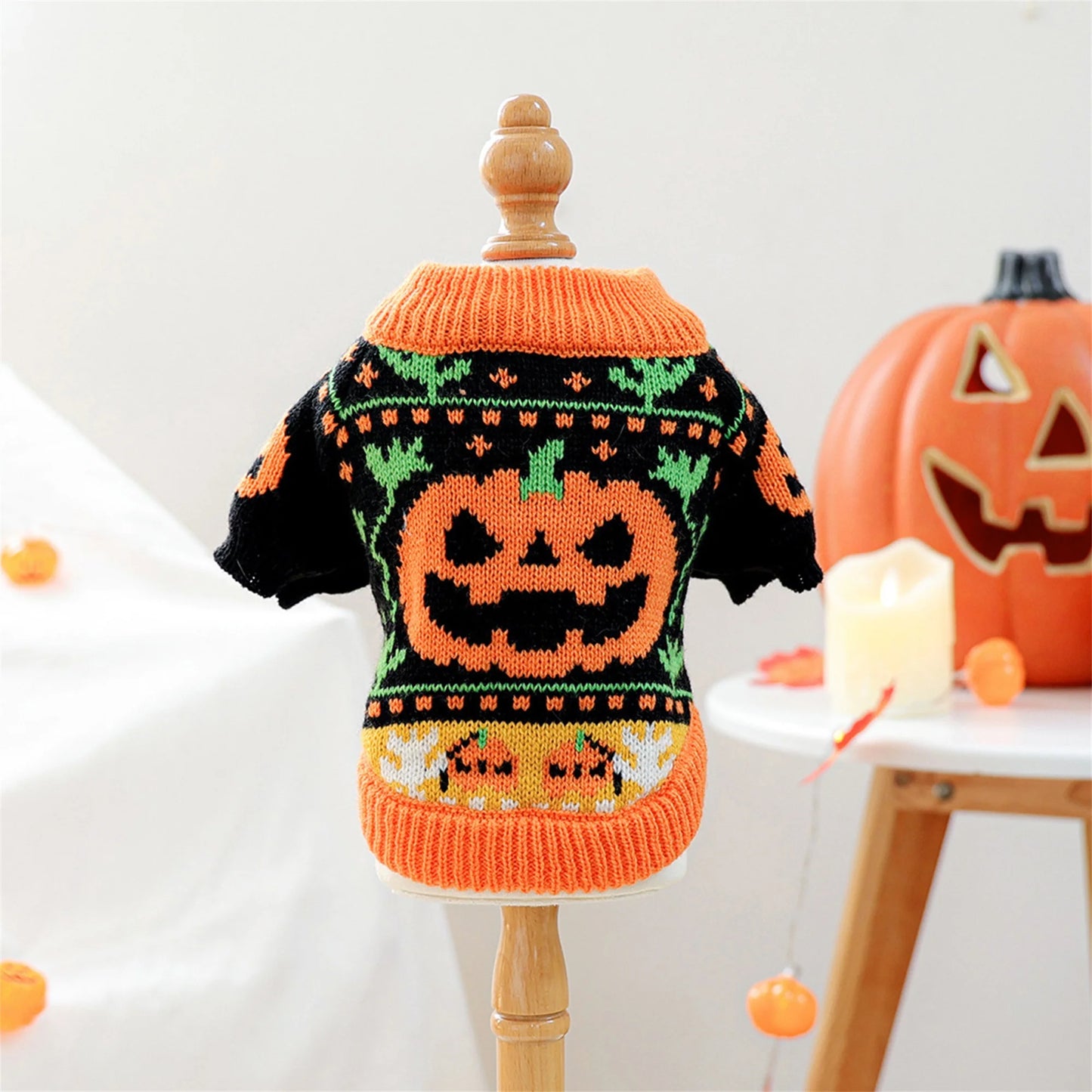 NONECN Halloween Ghost Dog Cat Sweater Pumpkin Knitted Costume