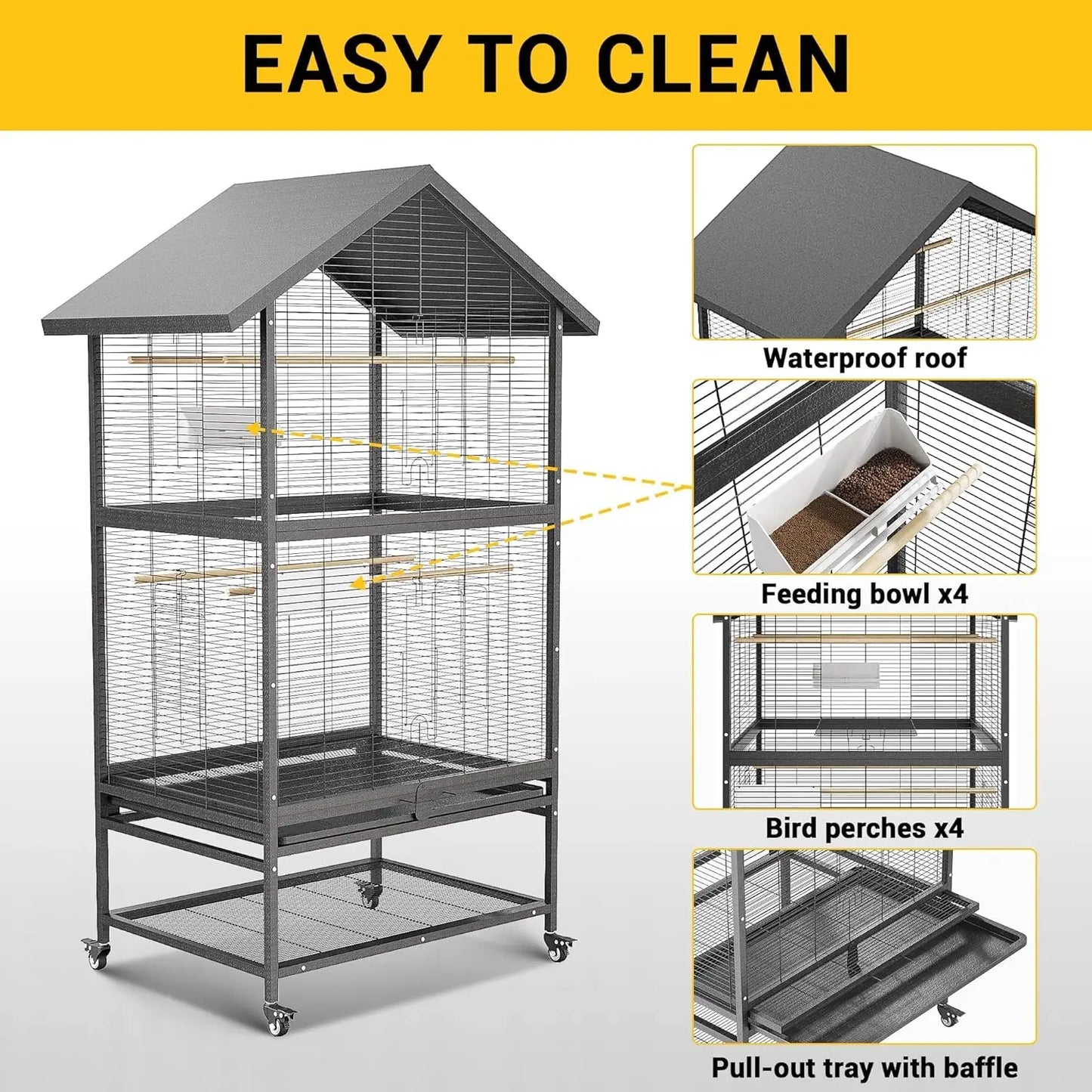 HiMISSCN Stainless Steel Parrot Cage Aviary With Casters Removable Tray