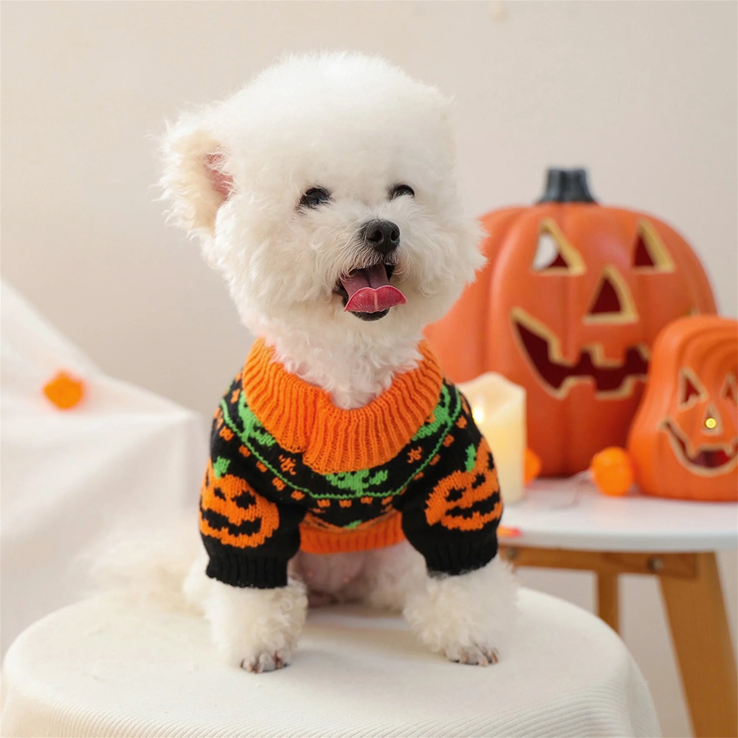 NONECN Halloween Ghost Dog Cat Sweater Pumpkin Knitted Costume