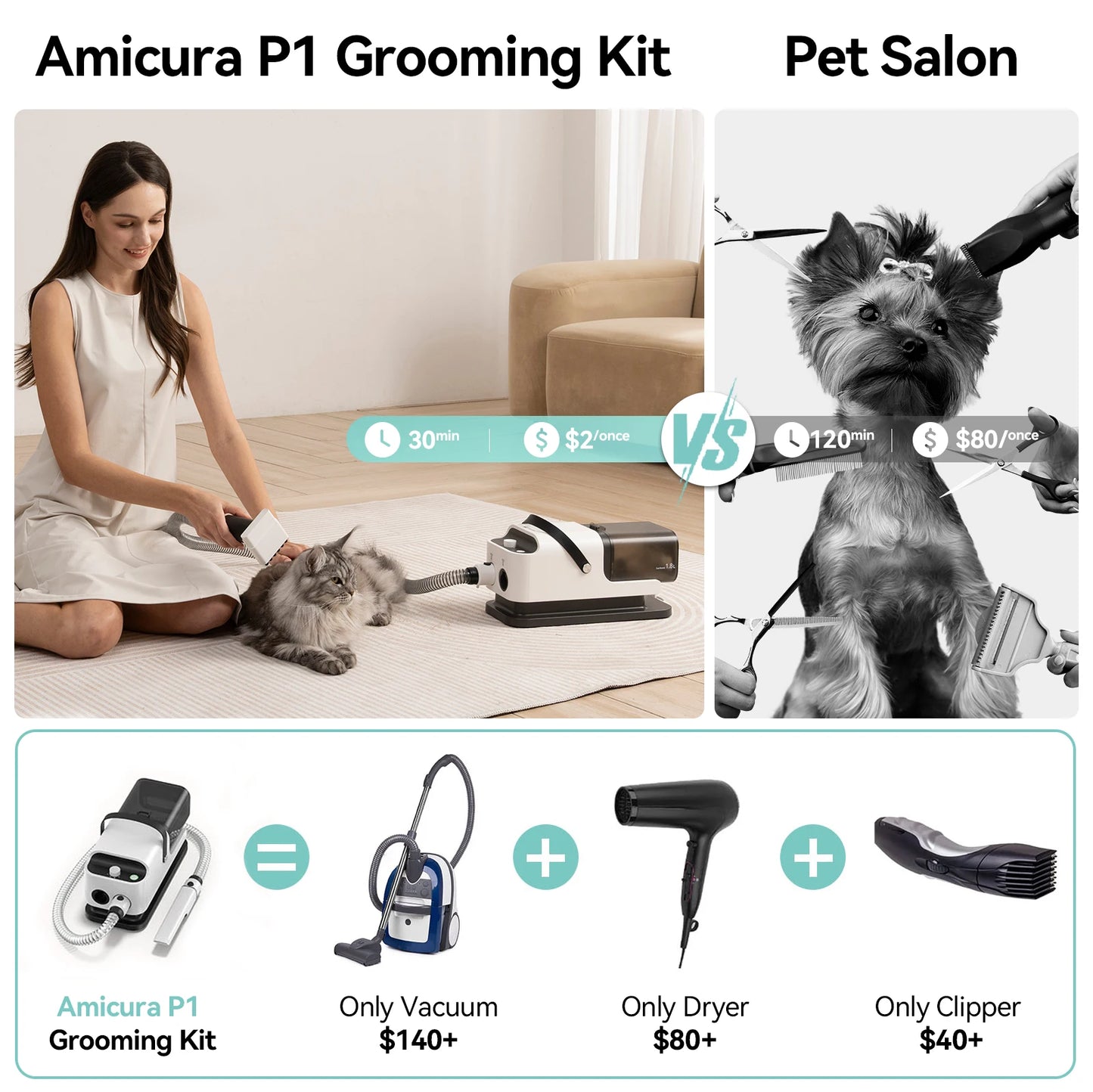 P1 Vacuum Cleaner And Hair Dryer 15kPa Pet Grooming Set