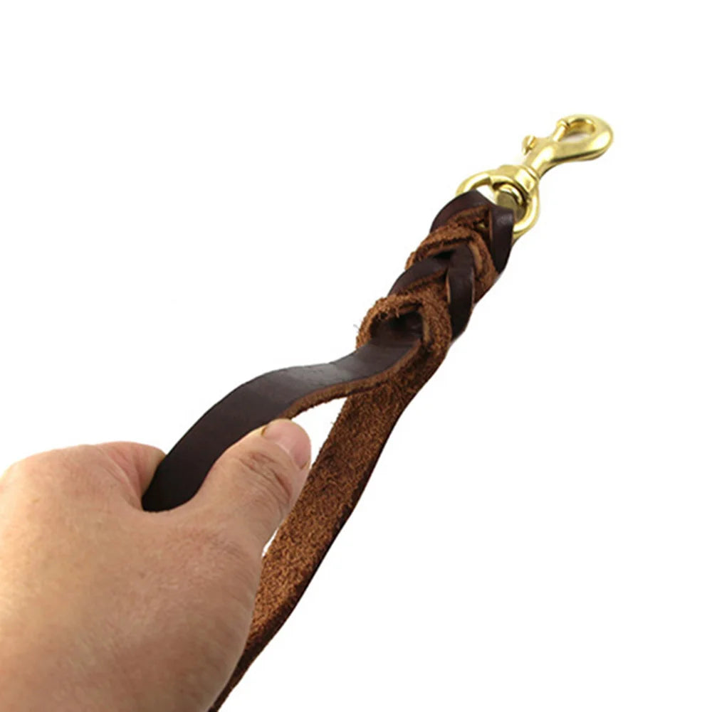Braided Leather Dog Leash With Traffic Handle And Two Handles
