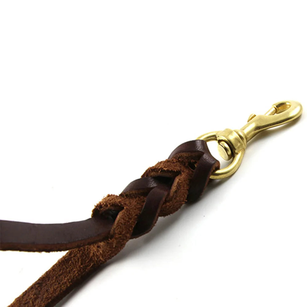 Braided Leather Dog Leash With Traffic Handle And Two Handles