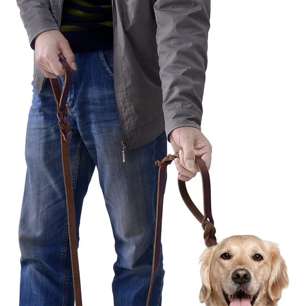 Braided Leather Dog Leash With Traffic Handle And Two Handles