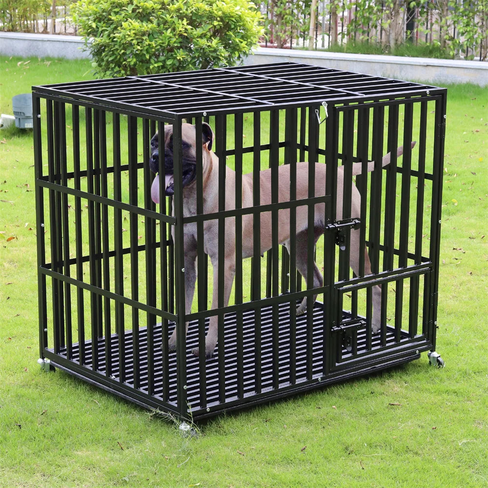 BORWARTH Heavy Duty Dog Crate Tear-Resistant Metal Kennel Lockable Wheels