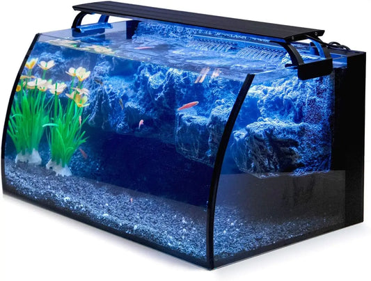Glass Aquarium Kit For Beginners With LED Lighting, Filter Pump, 3D Rockery