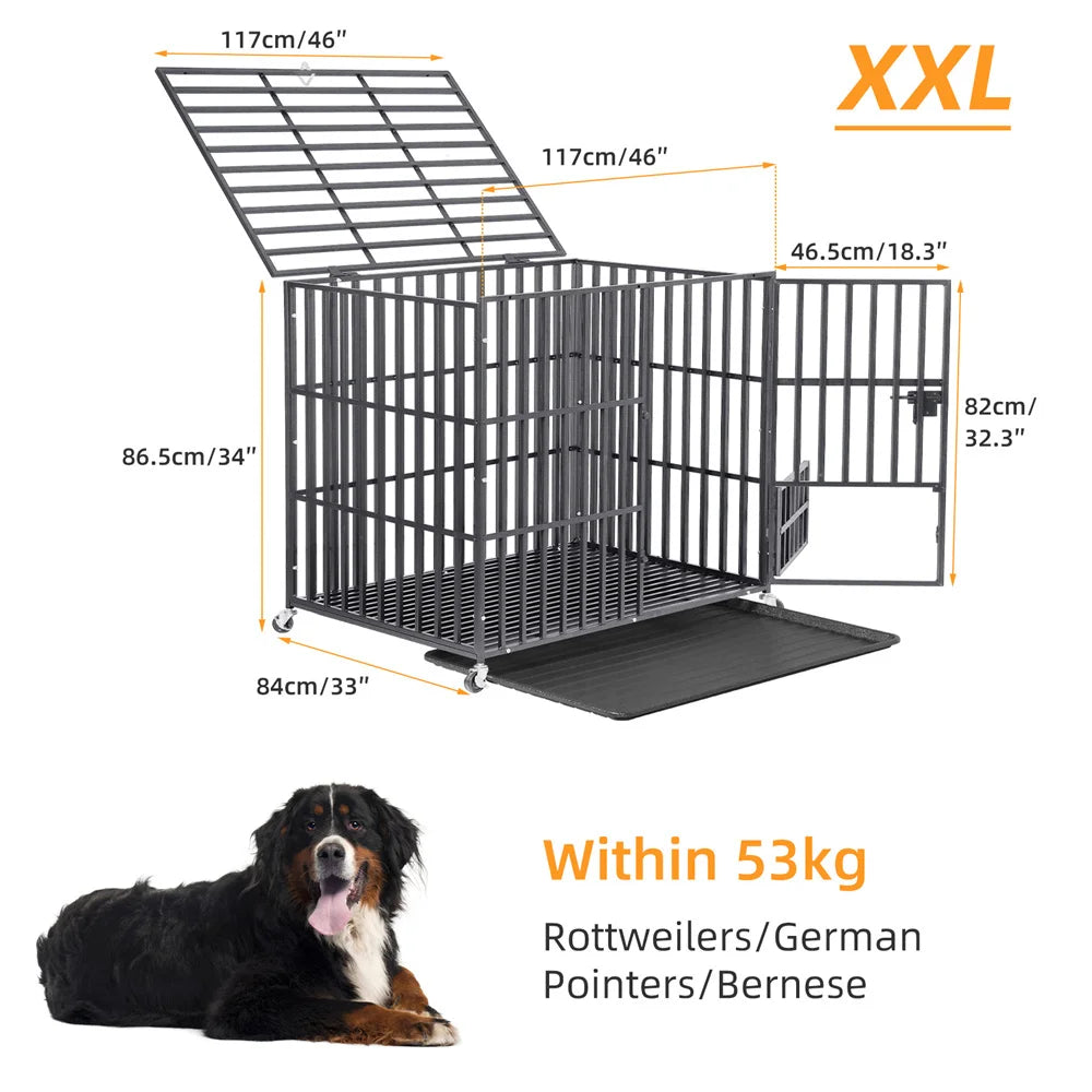BORWARTH Heavy Duty Dog Crate Tear-Resistant Metal Kennel Lockable Wheels