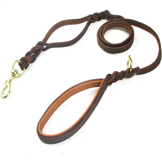 Braided Leather Dog Leash With Traffic Handle And Two Handles