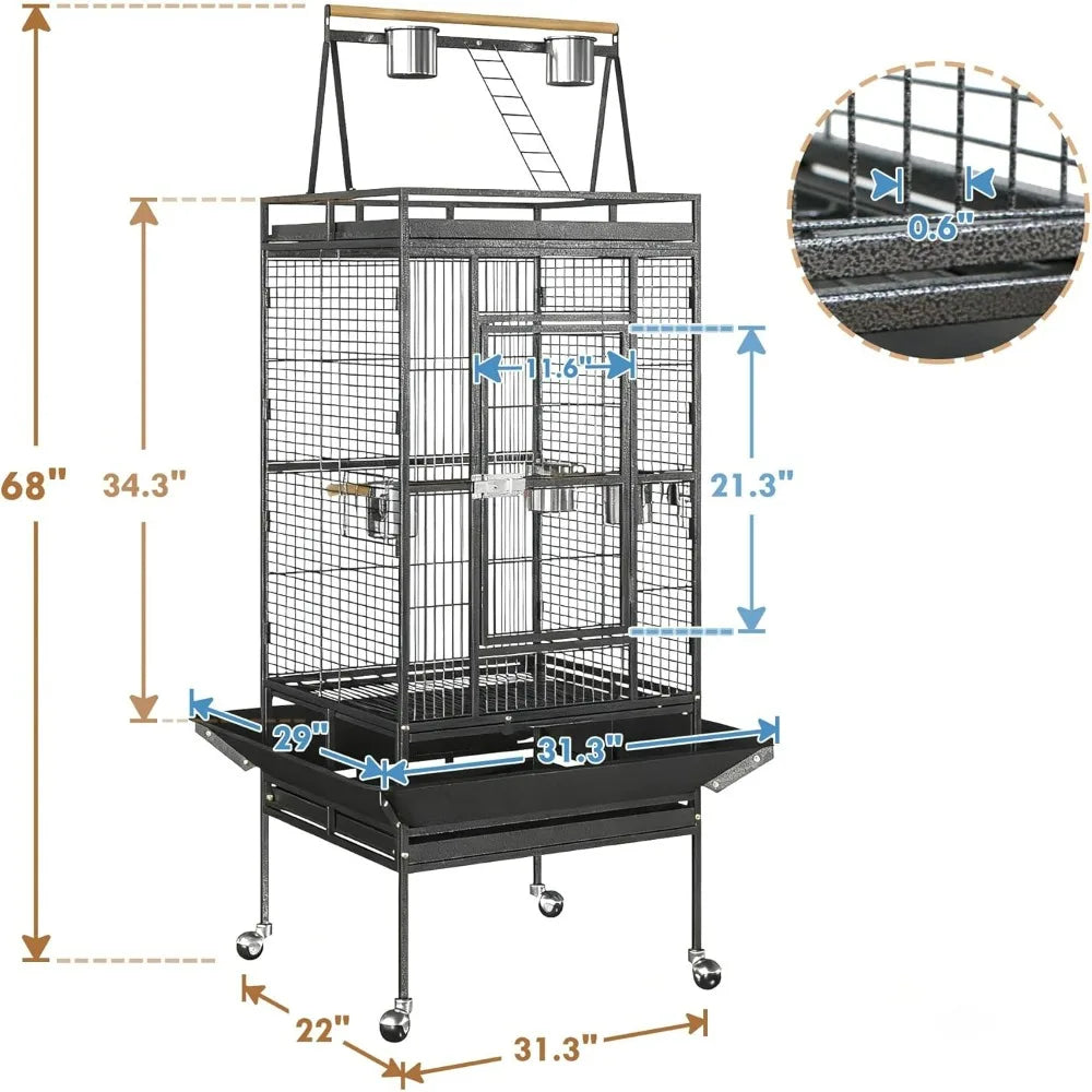 NONECN Wrought Iron Bird Cage With Rolling Stand For Birds