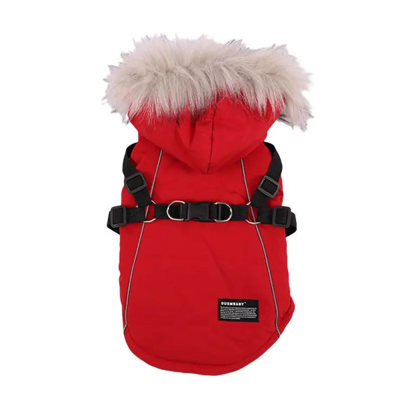 Autumn Winter Dog Jacket With Harness Hooded Padded Coat