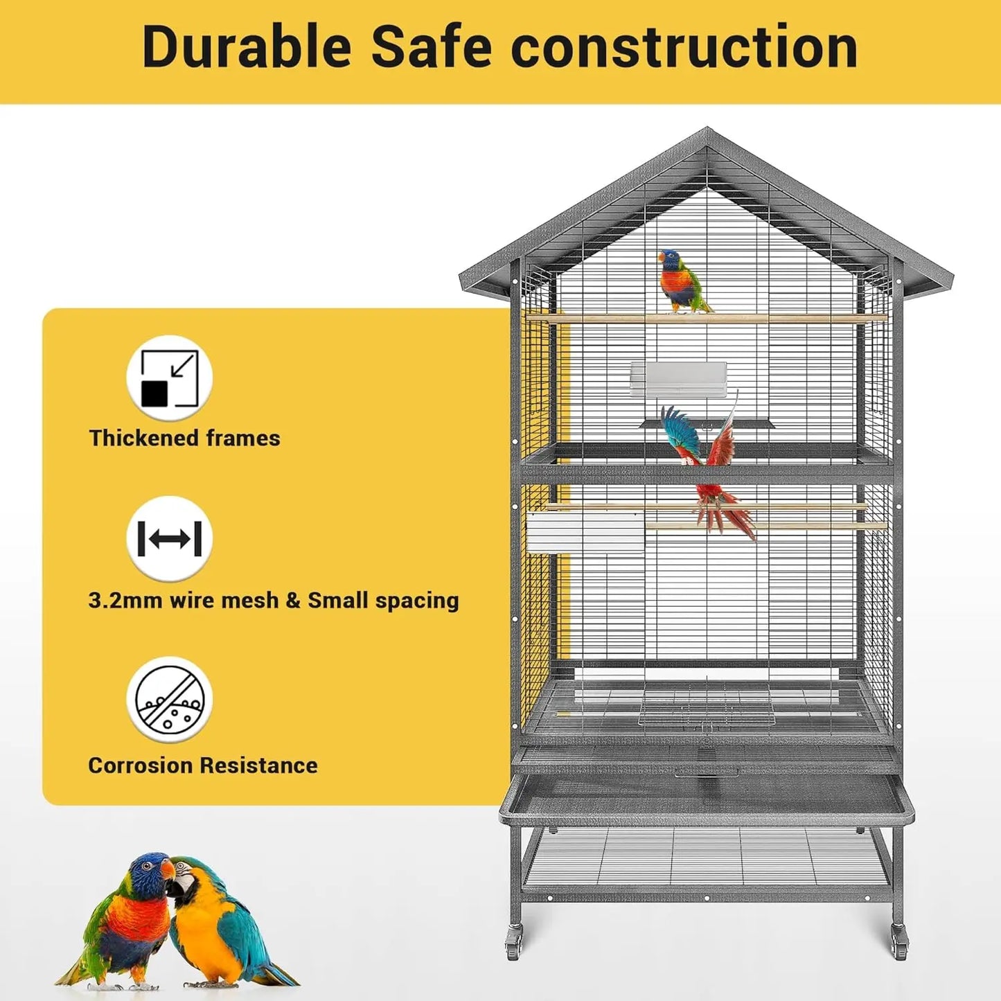 HiMISSCN Stainless Steel Parrot Cage Aviary With Casters Removable Tray