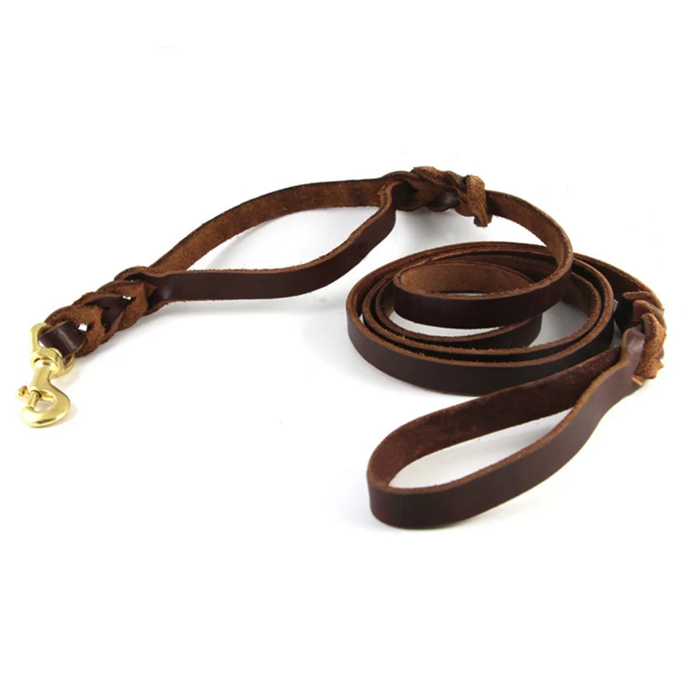 Braided Leather Dog Leash With Traffic Handle And Two Handles