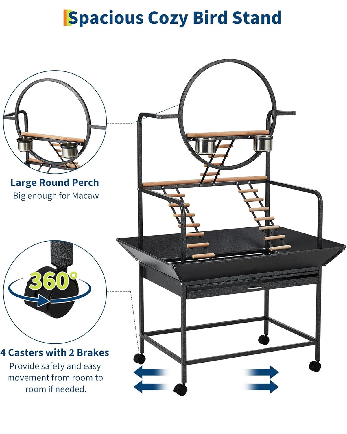HiMISSCN Parrot Play Stand With Lockable Wheels Heavy Duty Metal