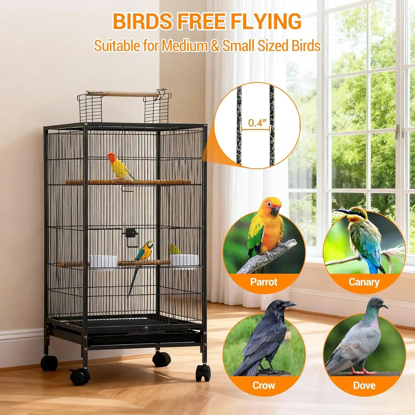 HiMISSCN Open Top Bird Cage With Rolling Stand And Feeder