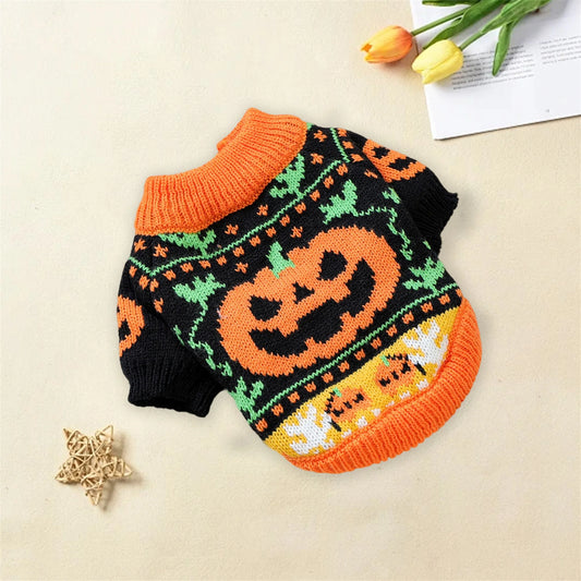 NONECN Halloween Ghost Dog Cat Sweater Pumpkin Knitted Costume