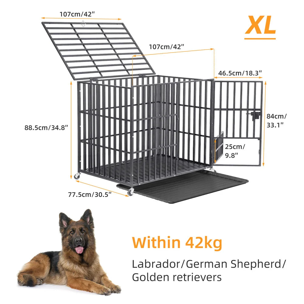 BORWARTH Heavy Duty Dog Crate With Lockable Wheels And Tray