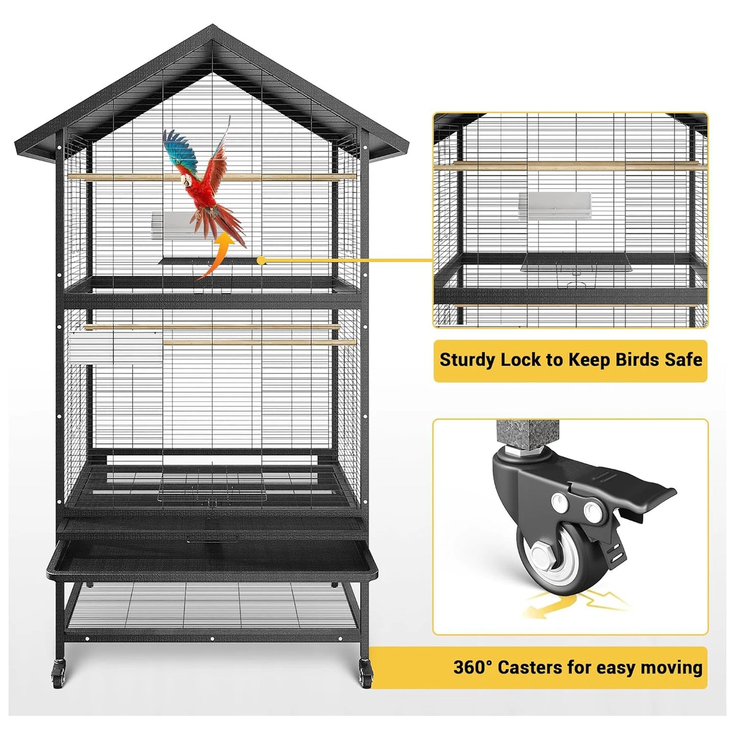 HiMISSCN Stainless Steel Parrot Cage Aviary With Casters Removable Tray