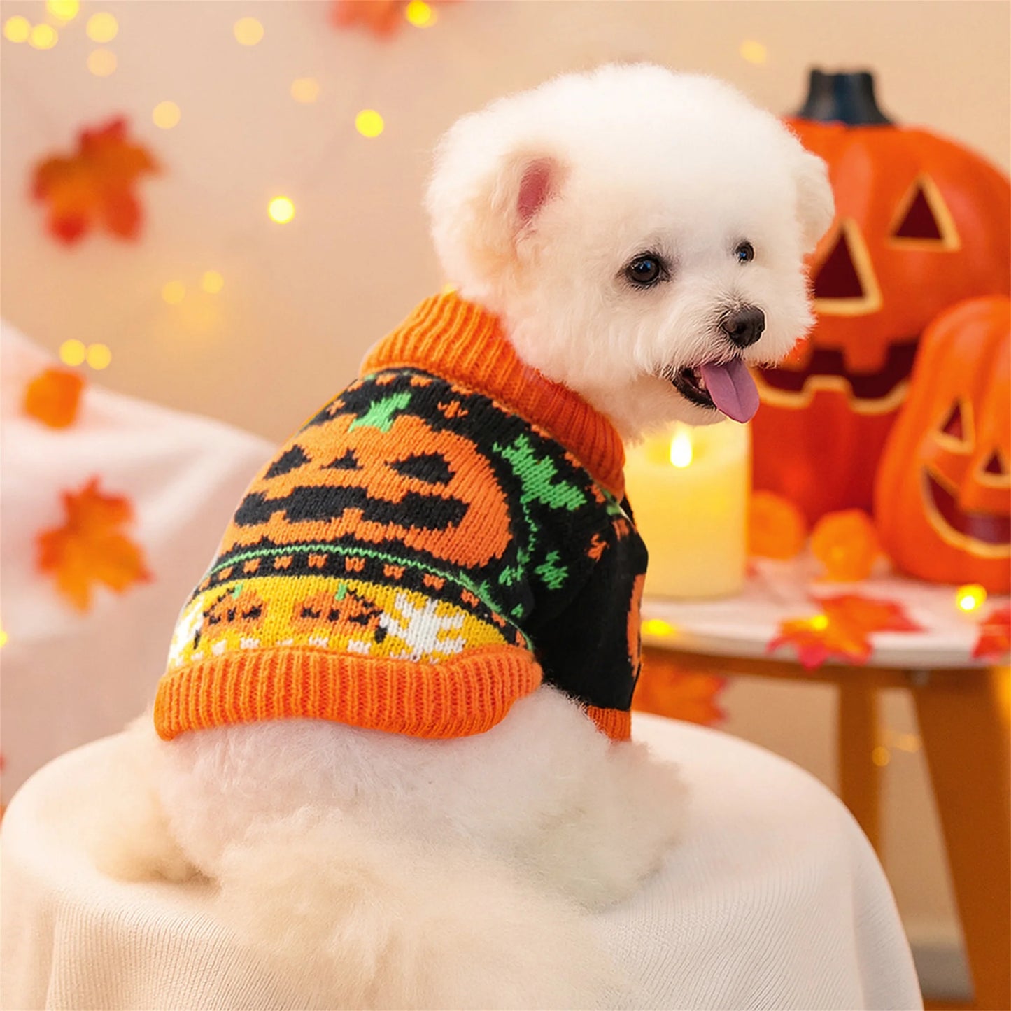 NONECN Halloween Ghost Dog Cat Sweater Pumpkin Knitted Costume