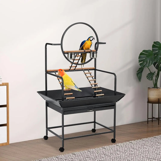 HiMISSCN Parrot Play Stand With Lockable Wheels Heavy Duty Metal