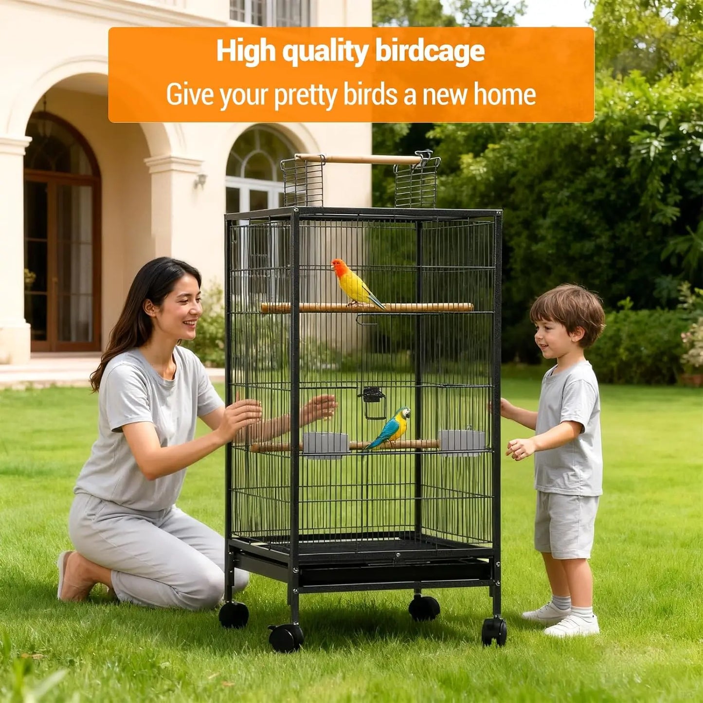 HiMISSCN Open Top Bird Cage With Rolling Stand And Feeder