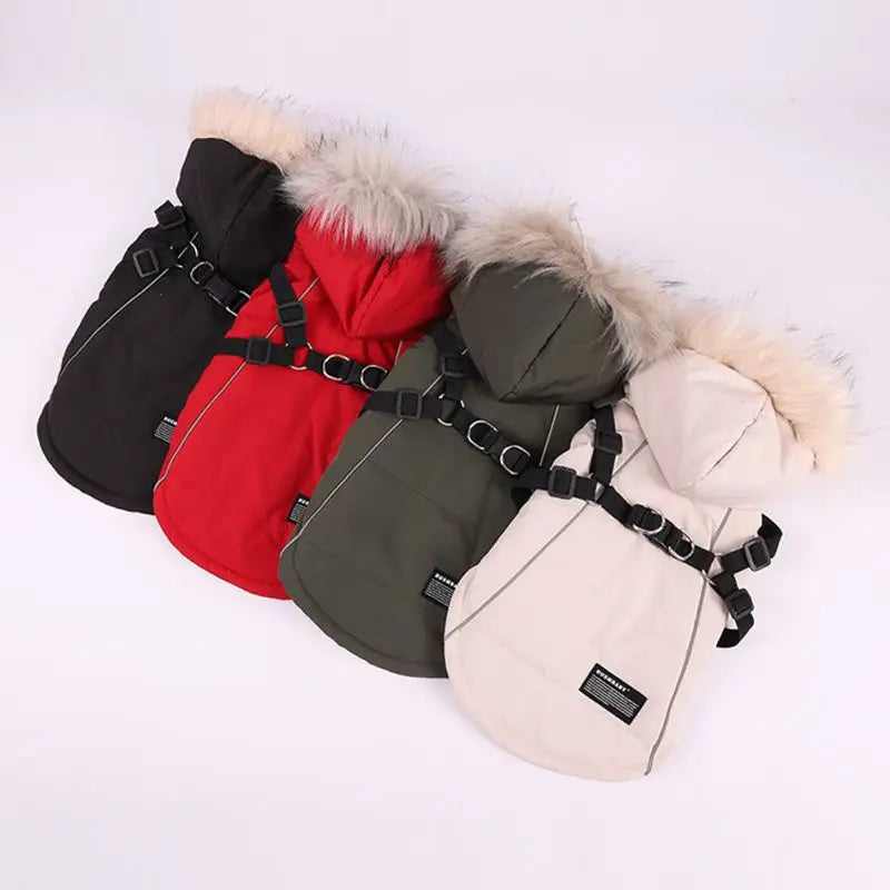 Autumn Winter Dog Jacket With Harness Hooded Padded Coat