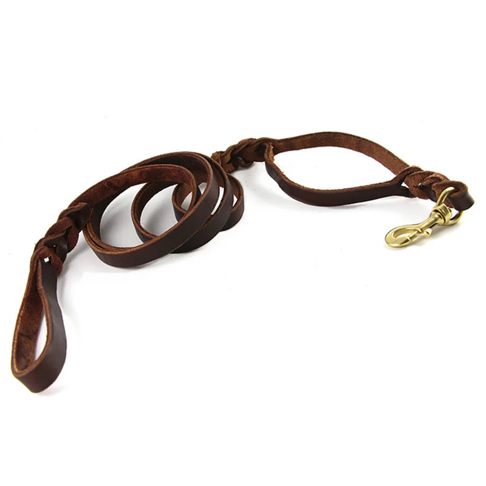 Braided Leather Dog Leash With Traffic Handle And Two Handles
