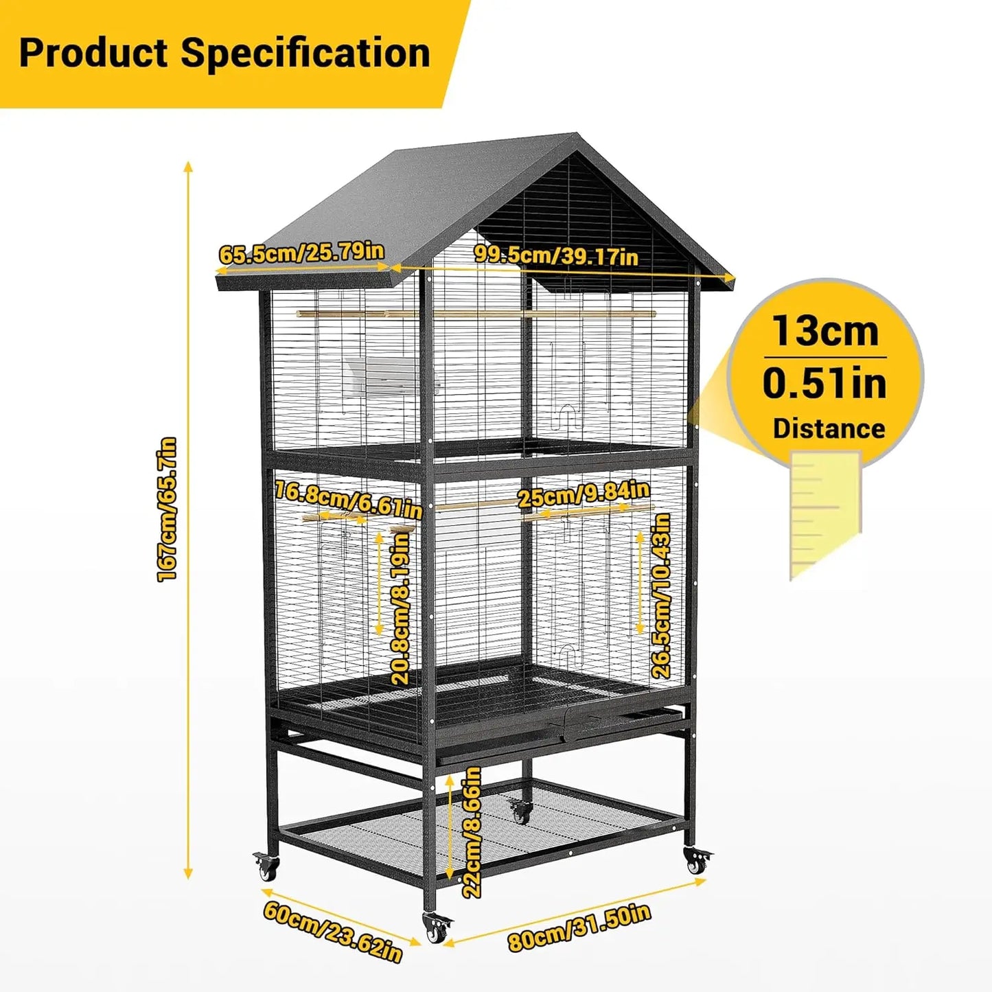 HiMISSCN Stainless Steel Parrot Cage Aviary With Casters Removable Tray