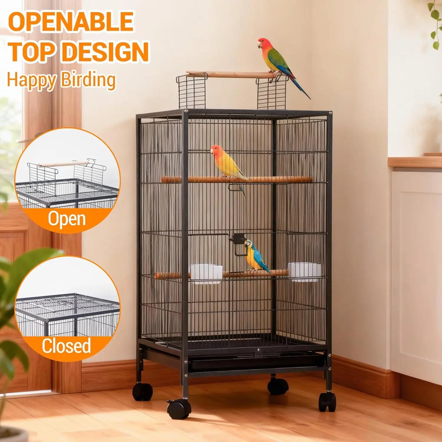 HiMISSCN Open Top Bird Cage With Rolling Stand And Feeder