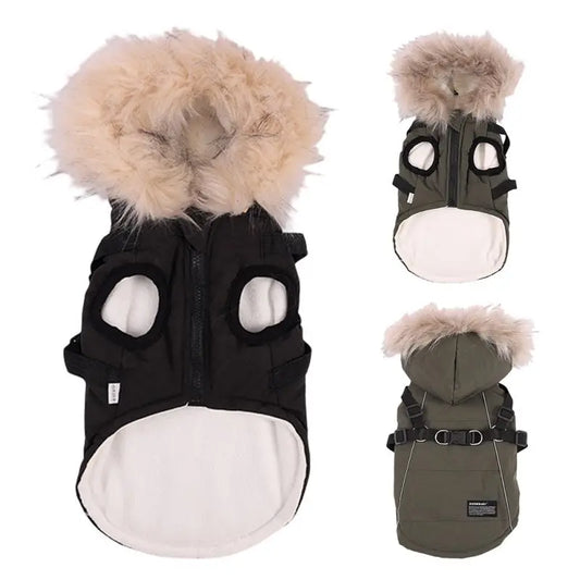 Autumn Winter Dog Jacket With Harness Hooded Padded Coat