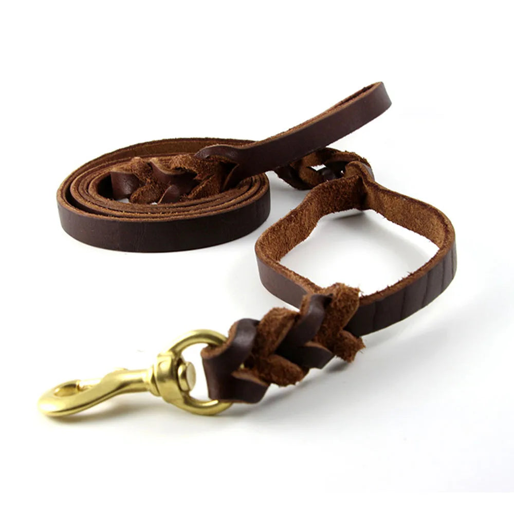 Braided Leather Dog Leash With Traffic Handle And Two Handles